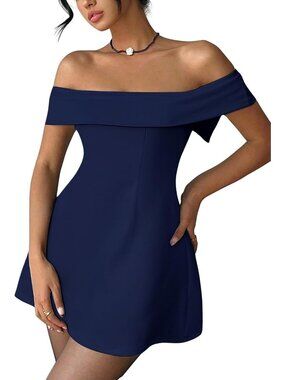 Women's Mini Dress Dark Blue Off Shoulder Neck Short Sleeve Bodycon Pull Over